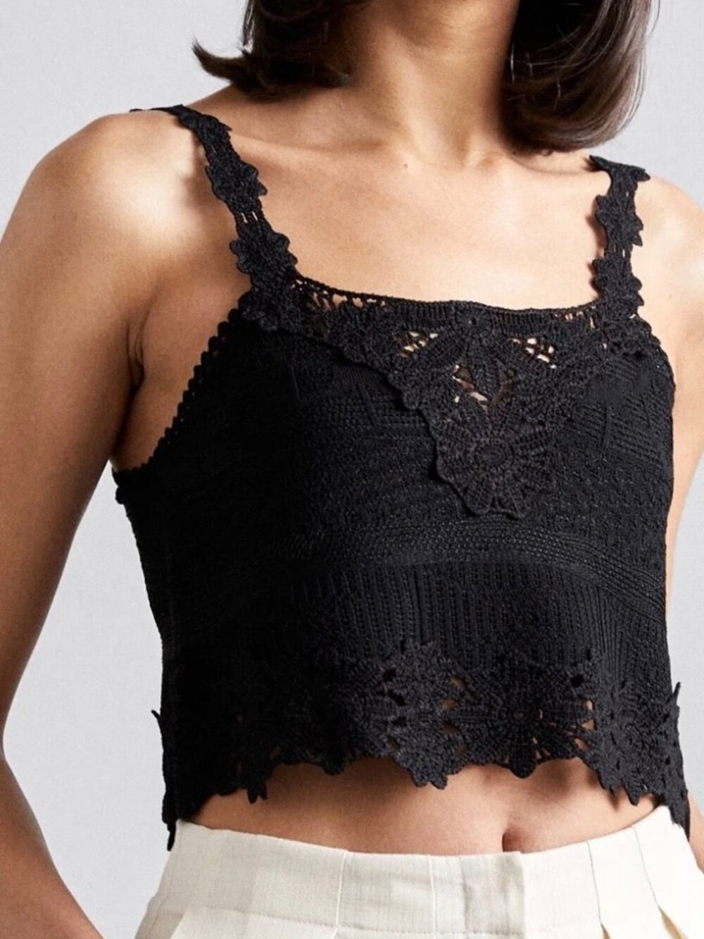 Maje Black Crochet Knit Crop Top – Scalloped, Parisian, Size S
